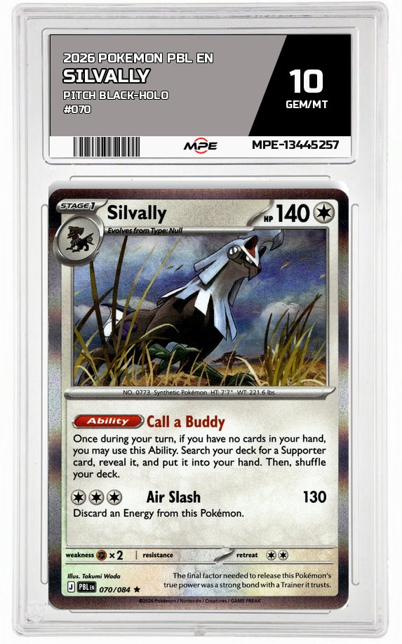 2026 POKEMON PBL EN Pitch Black-HOLO #070 Silvally MPE 10 GEM/MT — graded card auctioned from the MPE vault