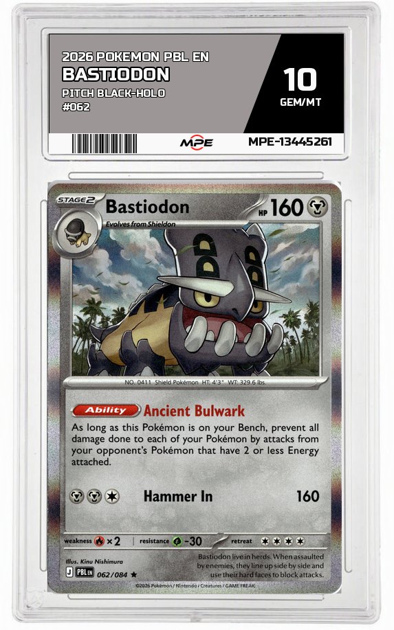 2026 POKEMON PBL EN Pitch Black-HOLO #062 BASTIODON MPE 10 GEM/MT — graded card auctioned from the MPE vault