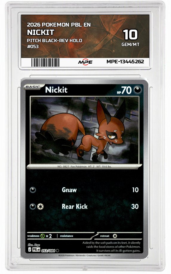 2026 POKEMON PBL EN Pitch Black-REV HOLO #053 Nickit MPE 10 GEM/MT — graded card auctioned from the MPE vault