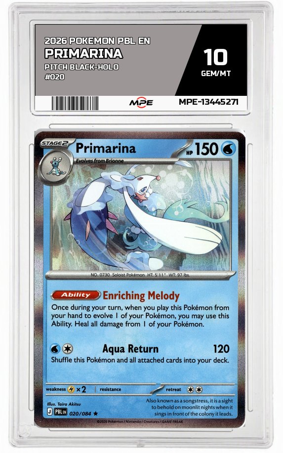 2026 POKEMON PBL EN Pitch Black-HOLO #020 Primarina MPE 10 GEM/MT — graded card auctioned from the MPE vault