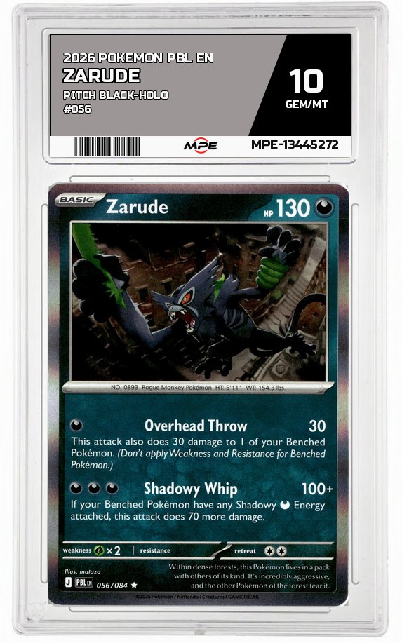 2026 POKEMON PBL EN Pitch Black-HOLO #056 Zarude MPE 10 GEM/MT — graded card auctioned from the MPE vault
