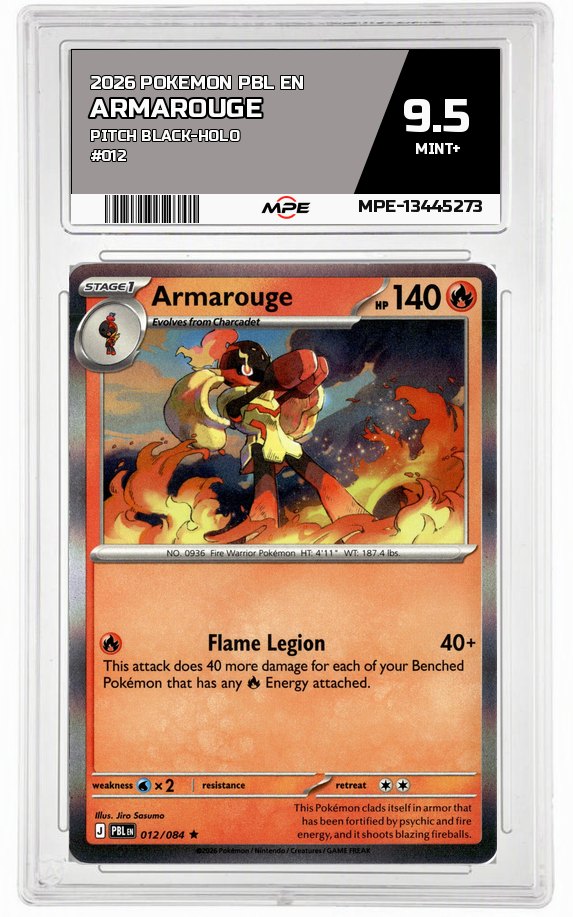 2026 POKEMON PBL EN Pitch Black-HOLO #012 Armarouge MPE 9.5 MINT+ — graded card auctioned from the MPE vault