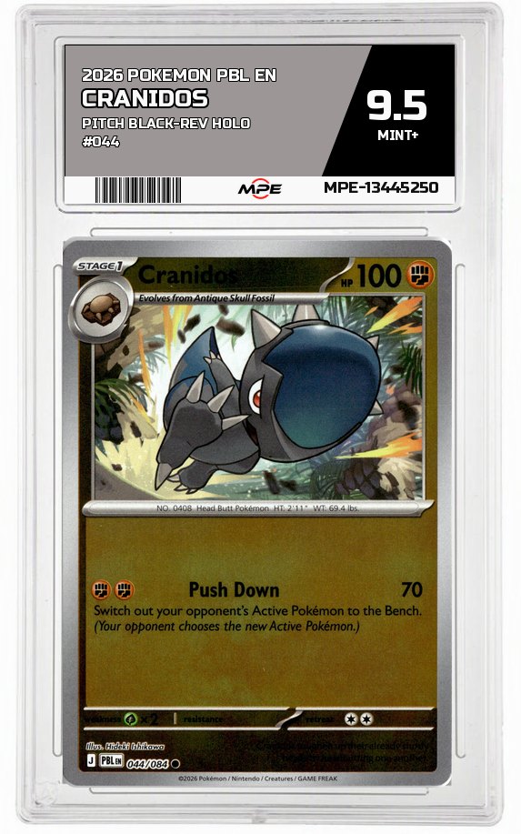 2026 POKEMON PBL EN Pitch Black-REV HOLO #044 Cranidos MPE 9.5 MINT+ — graded card auctioned from the MPE vault