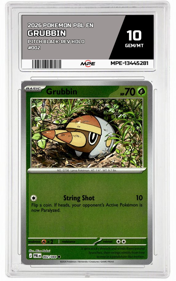 2026 POKEMON PBL EN Pitch Black-REV HOLO #002 GRUBBIN MPE 10 GEM/MT — graded card auctioned from the MPE vault