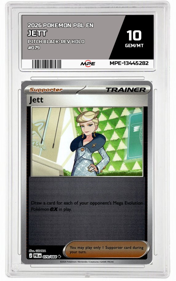 2026 POKEMON PBL EN Pitch Black-REV HOLO #079 Jett MPE 10 GEM/MT — graded card auctioned from the MPE vault