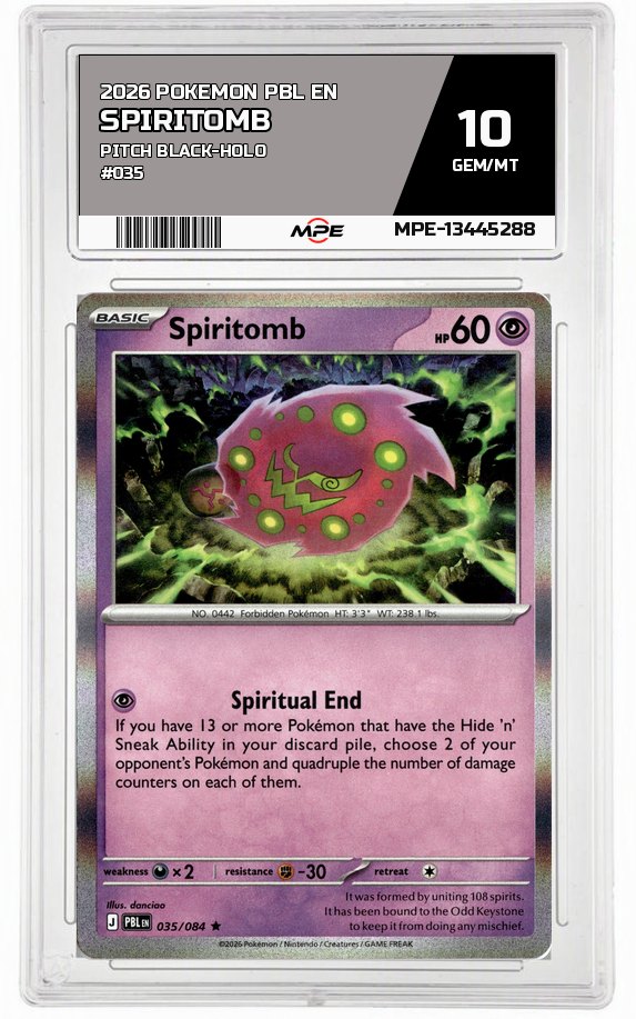 2026 POKEMON PBL EN Pitch Black-HOLO #035 Spiritomb MPE 10 GEM/MT — graded card auctioned from the MPE vault