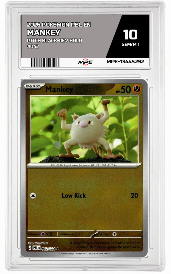 2026 POKEMON PBL EN Pitch Black-REV HOLO #042 Mankey MPE 10 GEM/MT — graded card auctioned from the MPE vault