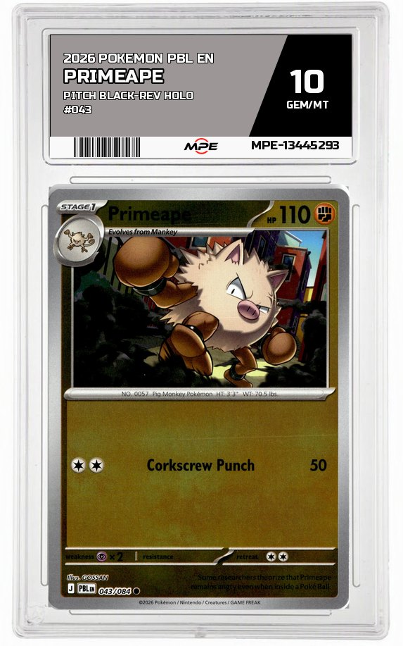 2026 POKEMON PBL EN Pitch Black-REV HOLO #043 Primeape MPE 10 GEM/MT — graded card auctioned from the MPE vault