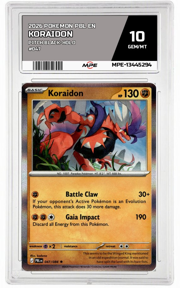 2026 POKEMON PBL EN Pitch Black-HOLO #047 Koraidon MPE 10 GEM/MT — graded card auctioned from the MPE vault