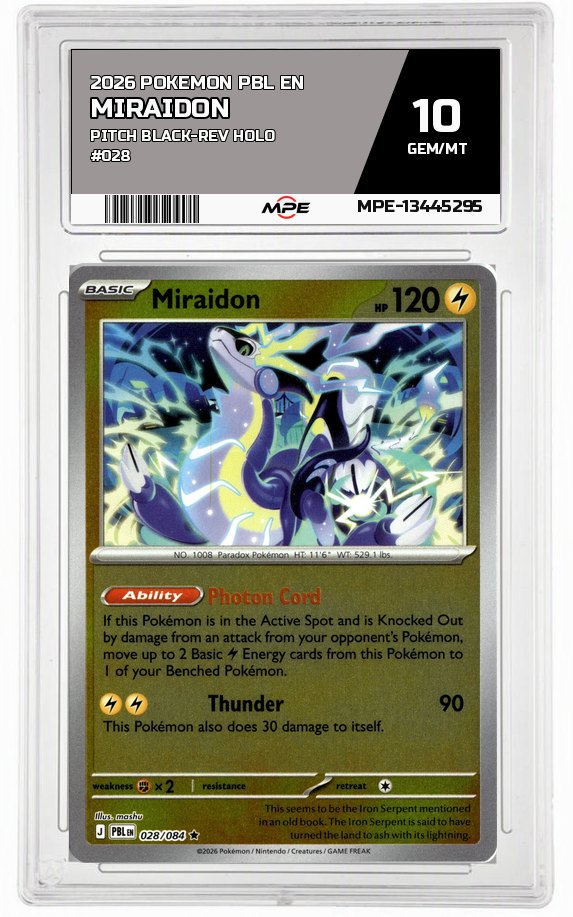 2026 POKEMON PBL EN Pitch Black-REV HOLO #028 MIRAIDON MPE 10 GEM/MT — graded card auctioned from the MPE vault