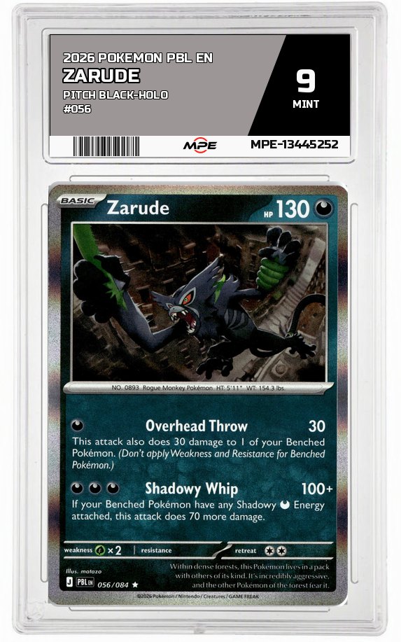 2026 POKEMON PBL EN Pitch Black-HOLO #056 ZARUDE MPE 9 MINT — graded card auctioned from the MPE vault