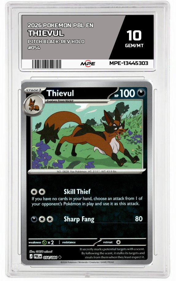 2026 POKEMON PBL EN Pitch Black-REV HOLO #054 Thievul MPE 10 GEM/MT — graded card auctioned from the MPE vault
