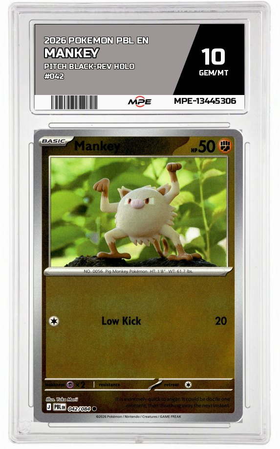 2026 POKEMON PBL EN Pitch Black-REV HOLO #042 Mankey MPE 10 GEM/MT — graded card auctioned from the MPE vault