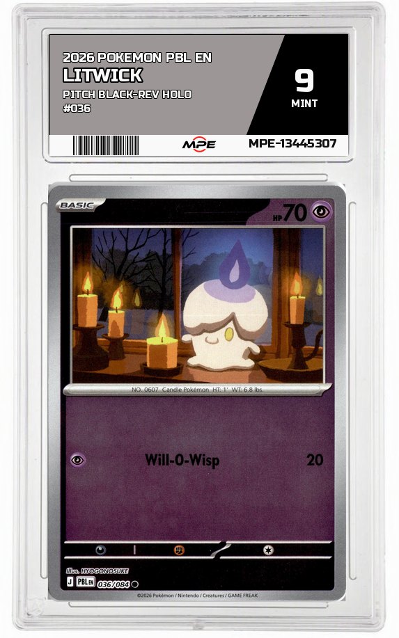 2026 POKEMON PBL EN Pitch Black-REV HOLO #036 Litwick MPE 9 MINT — graded card auctioned from the MPE vault