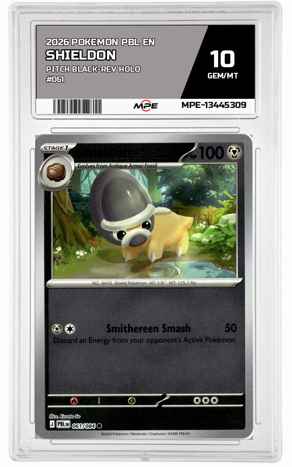 2026 POKEMON PBL EN Pitch Black-REV HOLO #061 Shieldon MPE 10 GEM/MT — graded card auctioned from the MPE vault