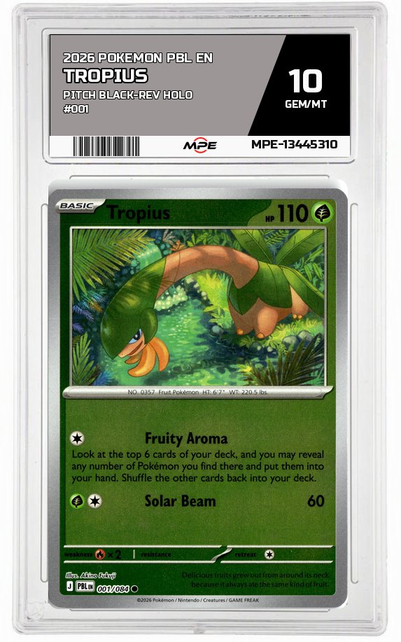 2026 POKEMON PBL EN Pitch Black-REV HOLO #001 TROPIUS MPE 10 GEM/MT — graded card auctioned from the MPE vault