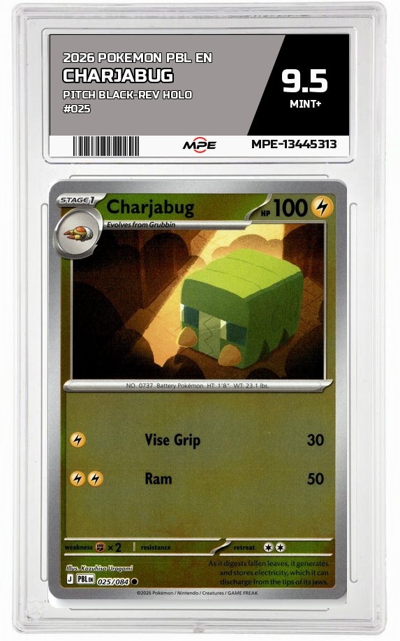 2026 POKEMON PBL EN Pitch Black-REV HOLO #025 Charjabug MPE 9.5 MINT+ — graded card auctioned from the MPE vault