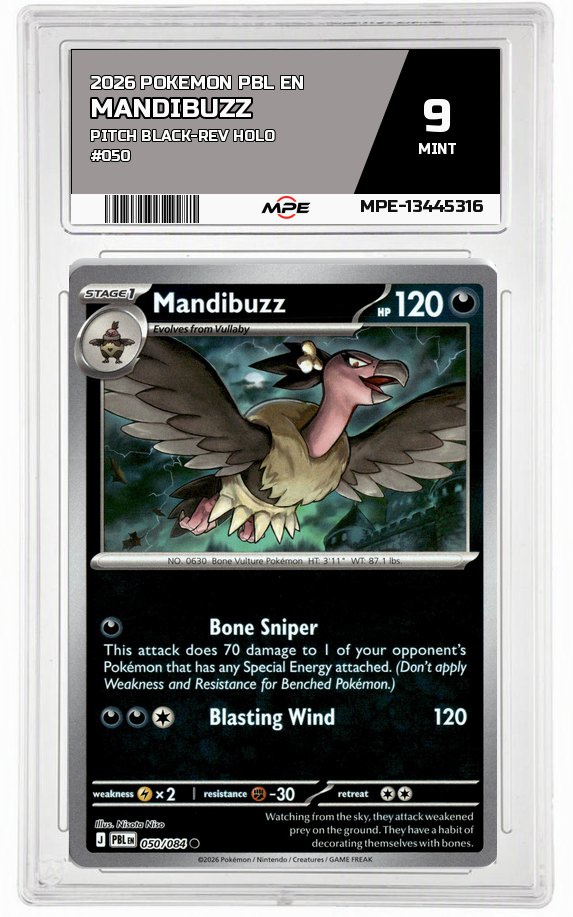 2026 POKEMON PBL EN Pitch Black-REV HOLO #050 MANDIBUZZ MPE 9 MINT — graded card auctioned from the MPE vault