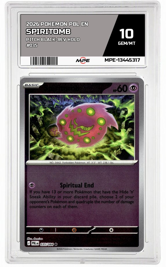 2026 POKEMON PBL EN Pitch Black-REV HOLO #035 Spiritomb MPE 10 GEM/MT — graded card auctioned from the MPE vault