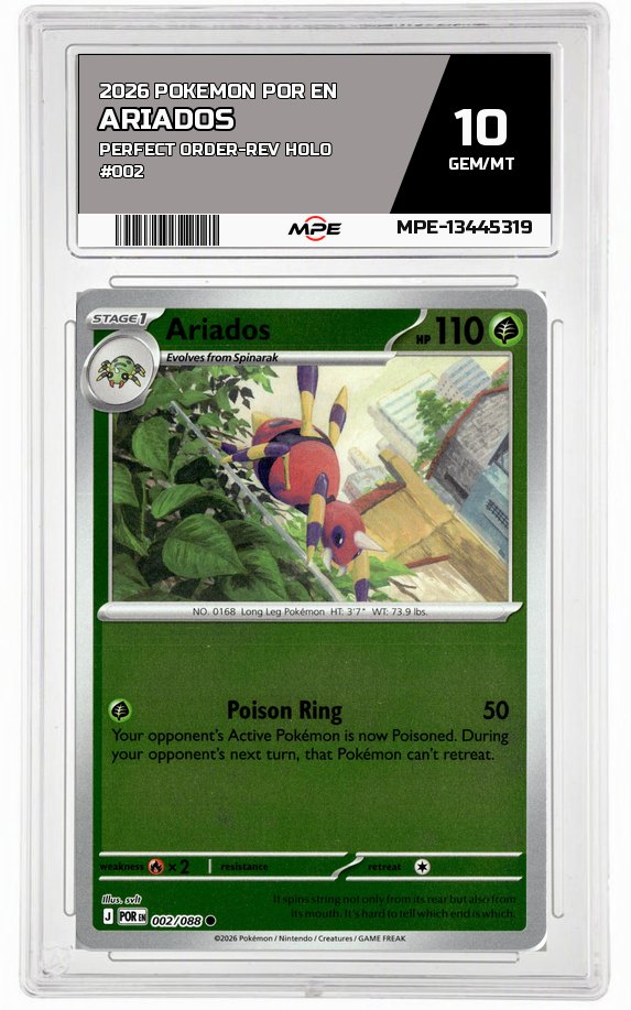2026 POKEMON POR EN Perfect Order-REV HOLO #002 Ariados MPE 10 GEM/MT — graded card auctioned from the MPE vault