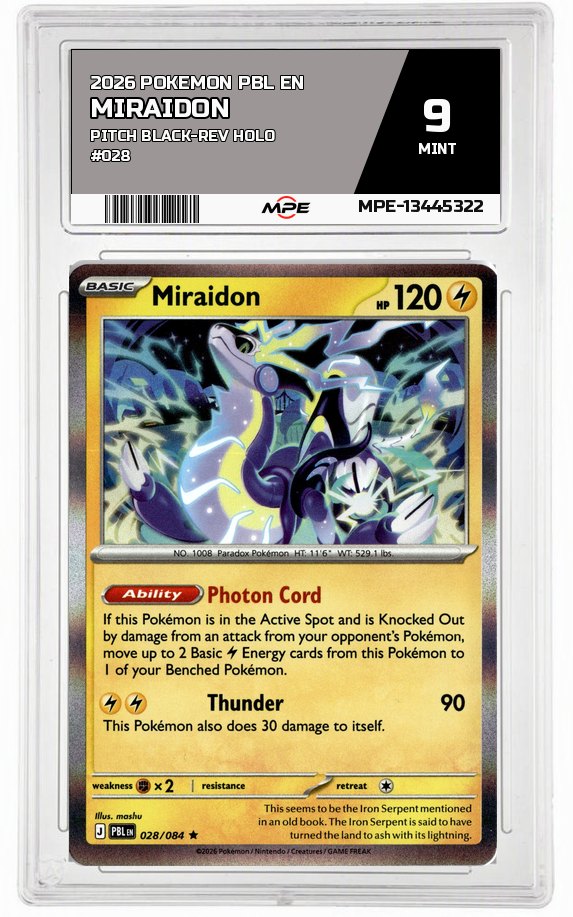 2026 POKEMON PBL EN Pitch Black-REV HOLO #028 Miraidon MPE 9 MINT — graded card auctioned from the MPE vault