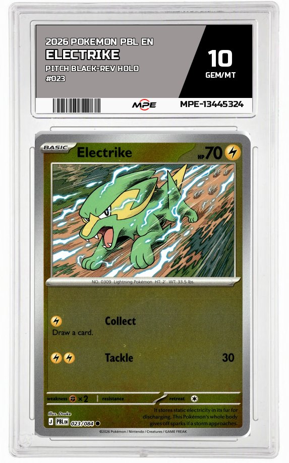 2026 POKEMON PBL EN Pitch Black-REV HOLO #023 ELECTRIKE MPE 10 GEM/MT — graded card auctioned from the MPE vault
