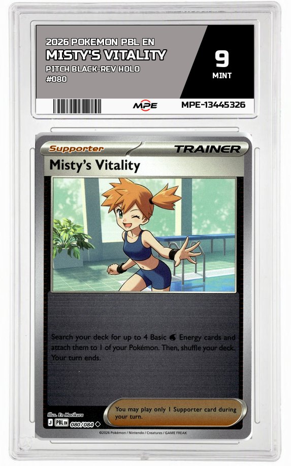 2026 POKEMON PBL EN Pitch Black-REV HOLO #080 Misty's Vitality MPE 9 MINT — graded card auctioned from the MPE vault