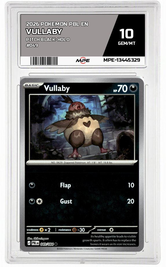 2026 POKEMON PBL EN Pitch Black-HOLO #049 Vullaby MPE 10 GEM/MT — graded card auctioned from the MPE vault