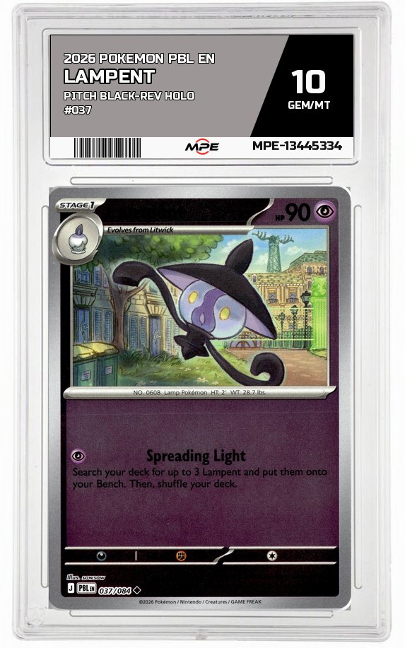 2026 POKEMON PBL EN Pitch Black-REV HOLO #037 LAMPENT MPE 10 GEM/MT — graded card auctioned from the MPE vault