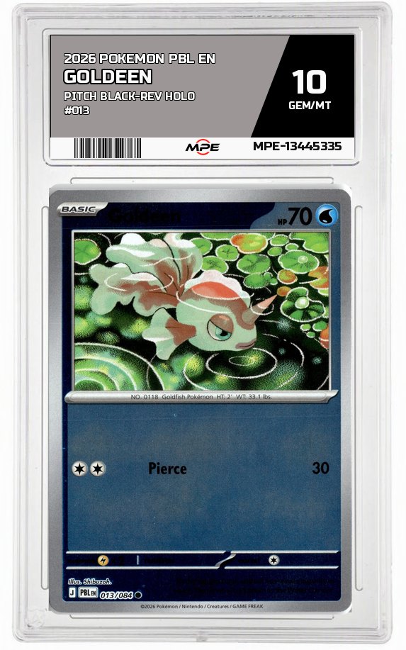 2026 POKEMON PBL EN Pitch Black-REV HOLO #013 Goldeen MPE 10 GEM/MT — graded card auctioned from the MPE vault
