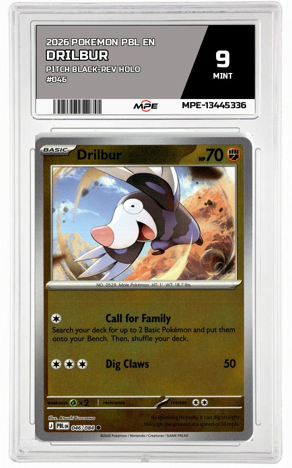 2026 POKEMON PBL EN Pitch Black-REV HOLO #046 Drilbur MPE 9 MINT — graded card auctioned from the MPE vault