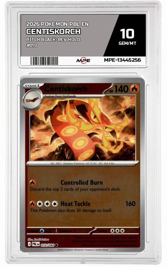 2026 POKEMON PBL EN Pitch Black-REV HOLO #010 Centiskorch MPE 10 GEM/MT — graded card auctioned from the MPE vault