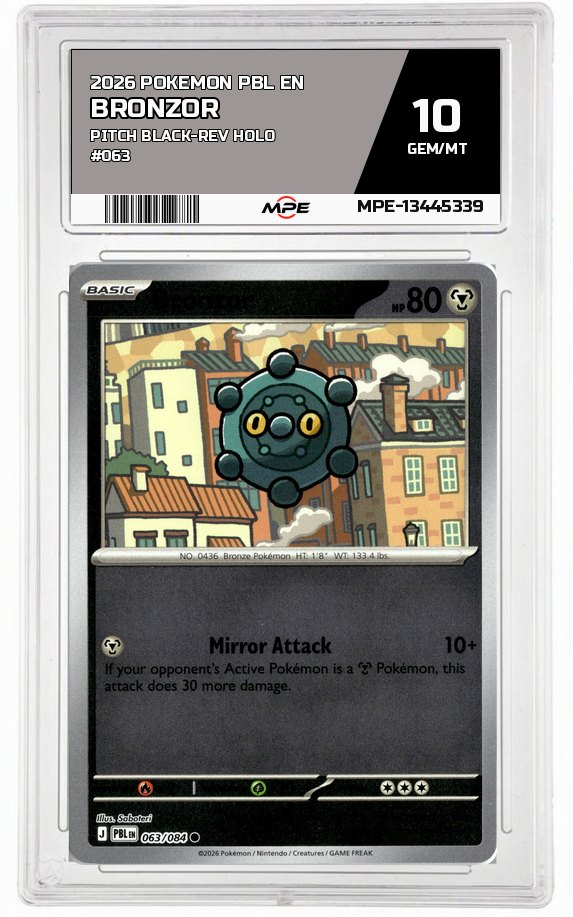 2026 POKEMON PBL EN Pitch Black-REV HOLO #063 BRONZOR MPE 10 GEM/MT — graded card auctioned from the MPE vault