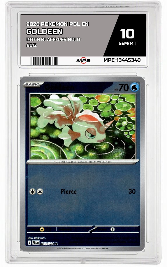 2026 POKEMON PBL EN Pitch Black-REV HOLO #013 Goldeen MPE 10 GEM/MT — graded card auctioned from the MPE vault