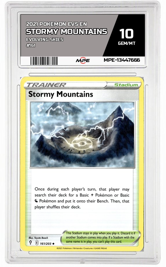 2021 POKEMON EVS EN Evolving Skies #161 Stormy Mountains MPE 10 GEM/MT — graded card auctioned from the MPE vault