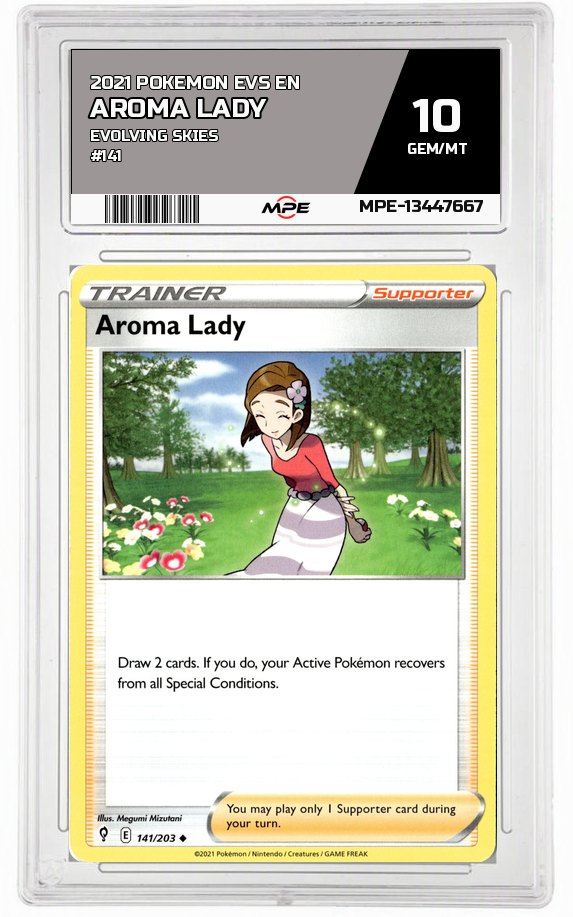 2021 POKEMON EVS EN Evolving Skies #141 Aroma Lady MPE 10 GEM/MT — graded card auctioned from the MPE vault
