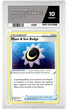 2021 POKEMON EVS EN Evolving Skies #151 MOON & SUN BADGE MPE 10 GEM/MT — graded card up for auction