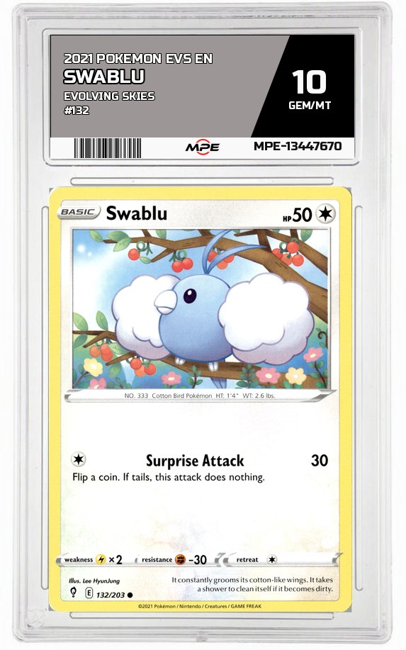 2021 POKEMON EVS EN Evolving Skies #132 SWABLU MPE 10 GEM/MT — graded card auctioned from the MPE vault