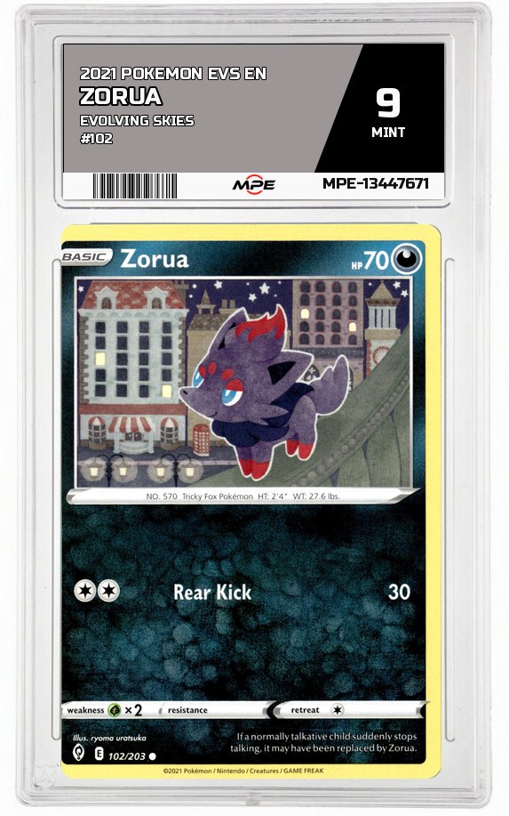 2021 POKEMON EVS EN Evolving Skies #102 ZORUA MPE 9 MINT — graded card auctioned from the MPE vault