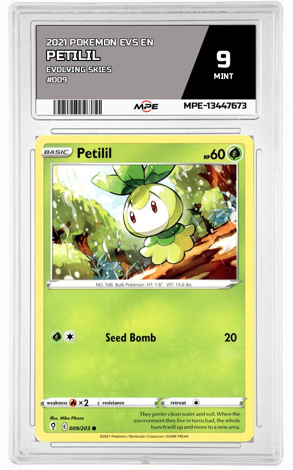 2021 POKEMON EVS EN Evolving Skies #009 Petilil MPE 9 MINT — graded card auctioned from the MPE vault