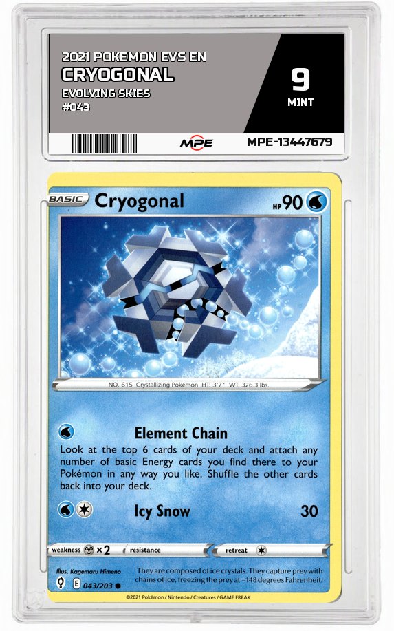 2021 POKEMON EVS EN Evolving Skies #043 Cryogonal MPE 9 MINT — graded card auctioned from the MPE vault