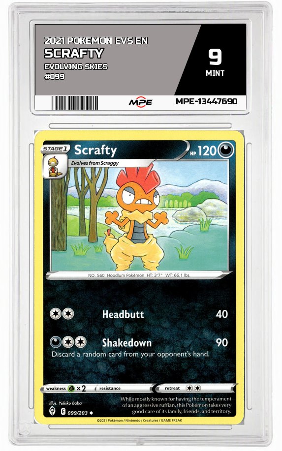 2021 POKEMON EVS EN Evolving Skies #099 SCRAFTY MPE 9 MINT — graded card auctioned from the MPE vault