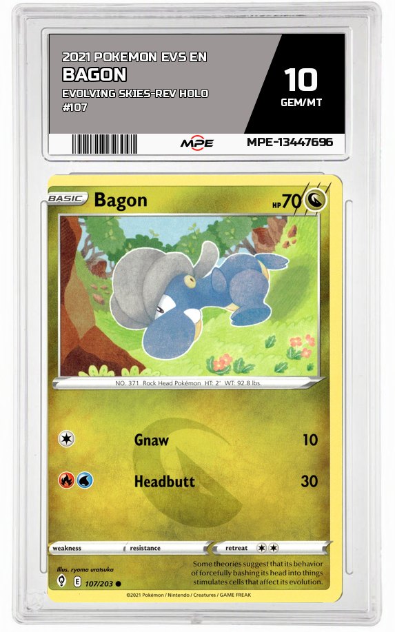 2021 POKEMON EVS EN Evolving Skies-REV HOLO #107 Bagon MPE 10 GEM/MT — graded card auctioned from the MPE vault