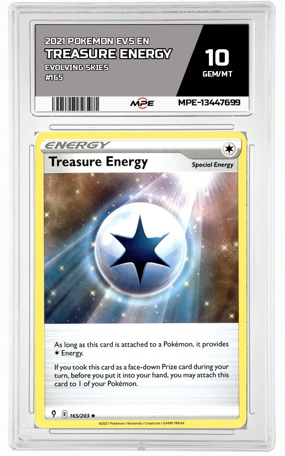 2021 POKEMON EVS EN Evolving Skies #165 Treasure Energy MPE 10 GEM/MT — graded card auctioned from the MPE vault