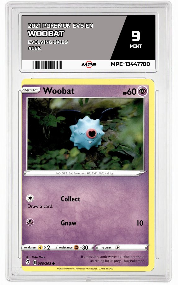 2021 POKEMON EVS EN Evolving Skies #068 WOOBAT MPE 9 MINT — graded card auctioned from the MPE vault