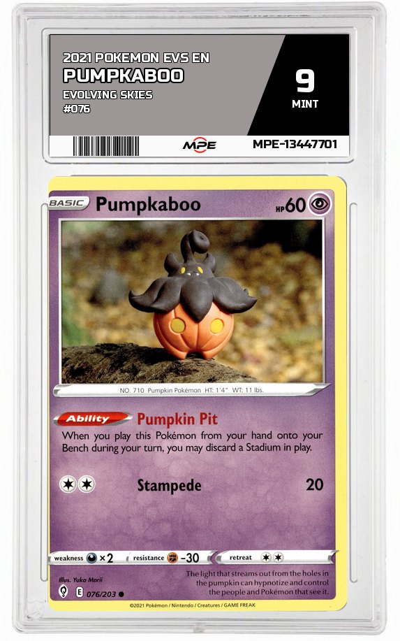 2021 POKEMON EVS EN Evolving Skies #076 PUMPKABOO MPE 9 MINT — graded card auctioned from the MPE vault