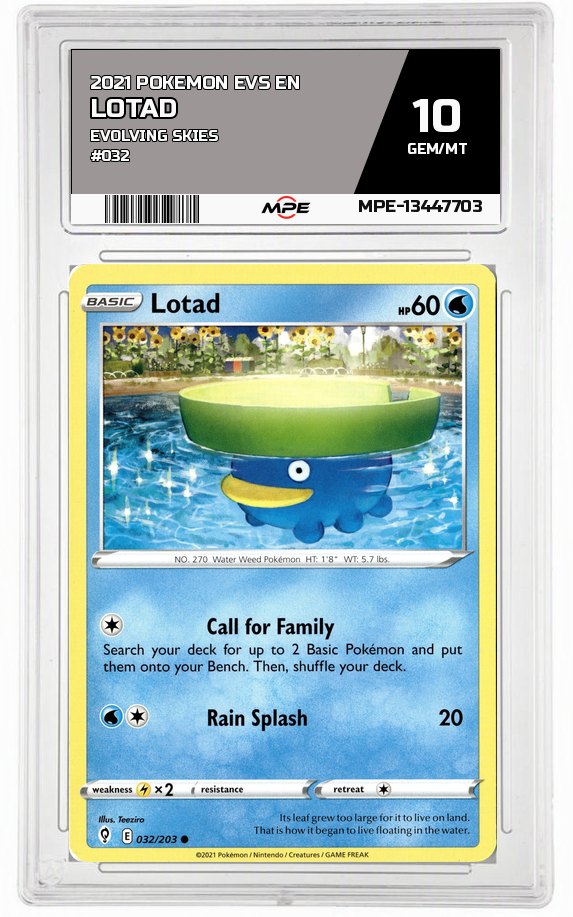 2021 POKEMON EVS EN Evolving Skies #032 Lotad MPE 10 GEM/MT — graded card auctioned from the MPE vault