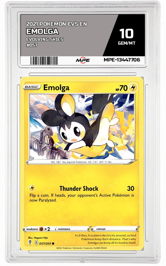2021 POKEMON EVS EN Evolving Skies #057 Emolga MPE 10 GEM/MT — graded card auctioned from the MPE vault