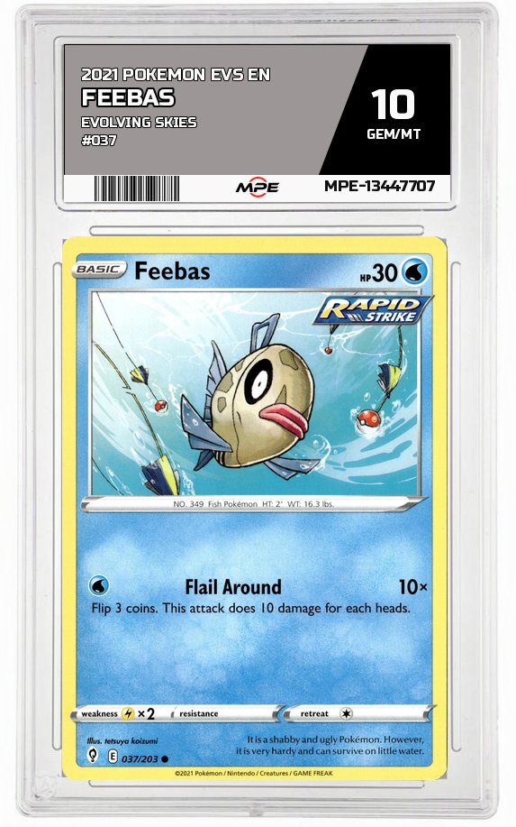2021 POKEMON EVS EN Evolving Skies #037 Feebas MPE 10 GEM/MT — graded card auctioned from the MPE vault
