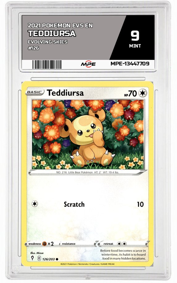 2021 POKEMON EVS EN Evolving Skies #126 TEDDIURSA MPE 9 MINT — graded card auctioned from the MPE vault
